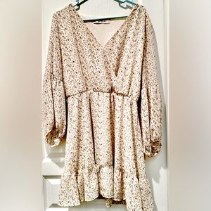 Vtg Lyn Burches Balloon Sleeve Faux Wrap Ivory Chiffon Mini Dress w Brown Floral